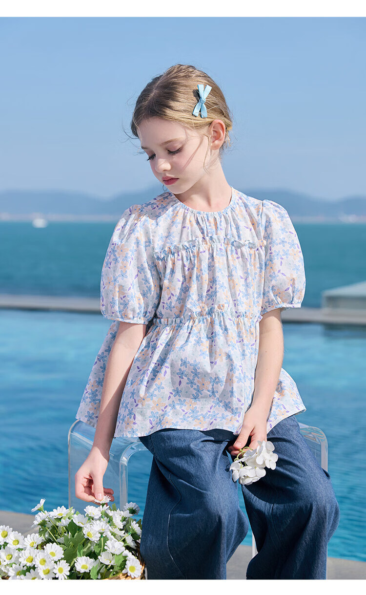 CHANZUIGOU Girls' Floral Doll Collar Shirt 2026 Summer New Pure Cotton Sweet Shirt 22